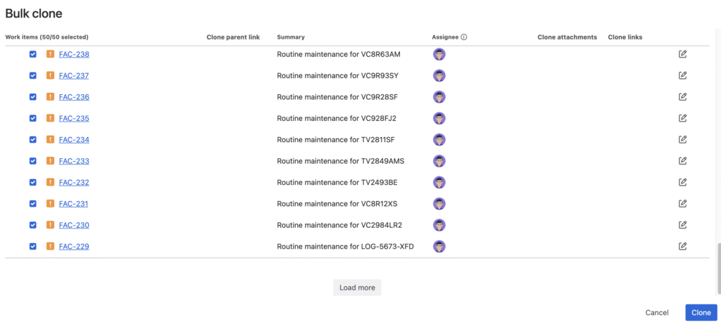Hierarchy view in bulk cloning with load-more option for large JQL results