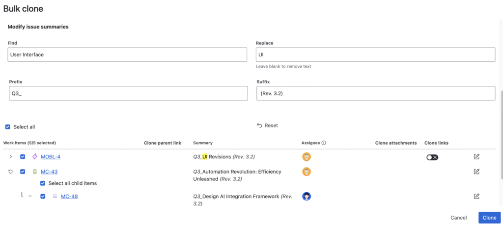 Jira clone settings showing summary modification via find & replace