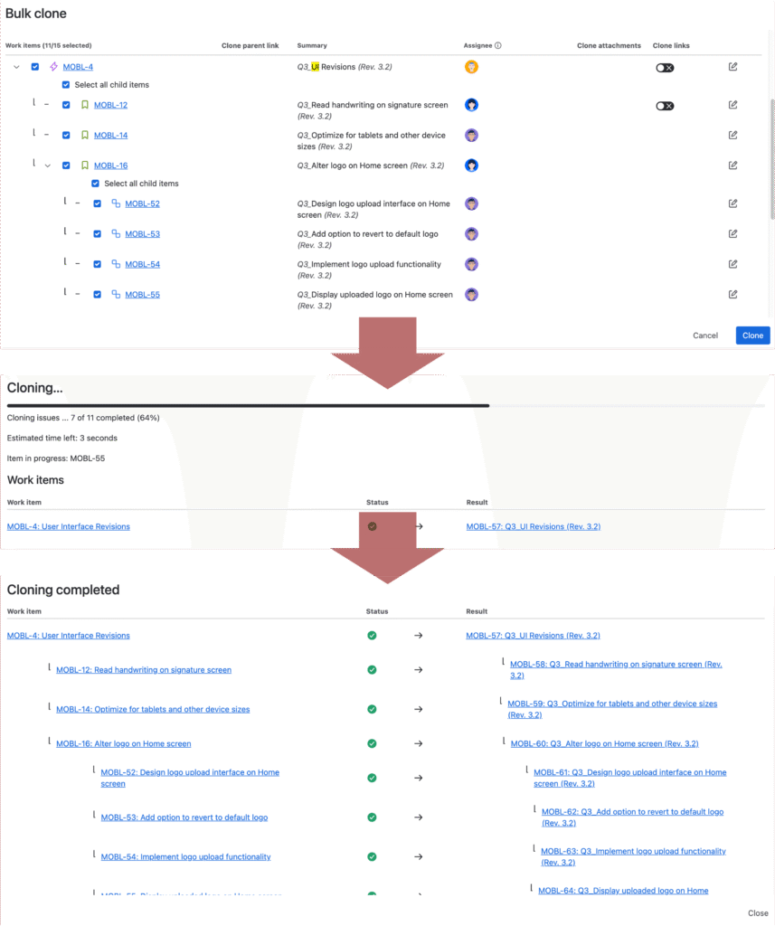 Diagram showing epic-to-story-to-subtask structure maintained in cloning