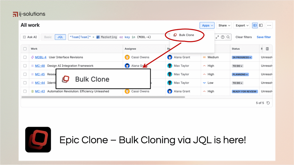 Epic Clone Cloud banner showcasing new JQL-based bulk cloning feature