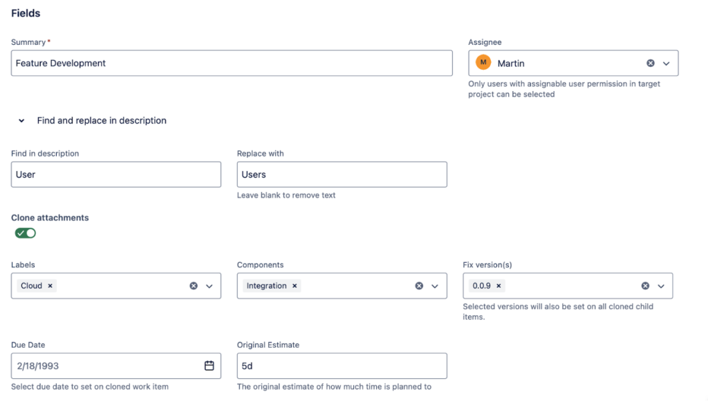Update of issue fields when using Epic Clone