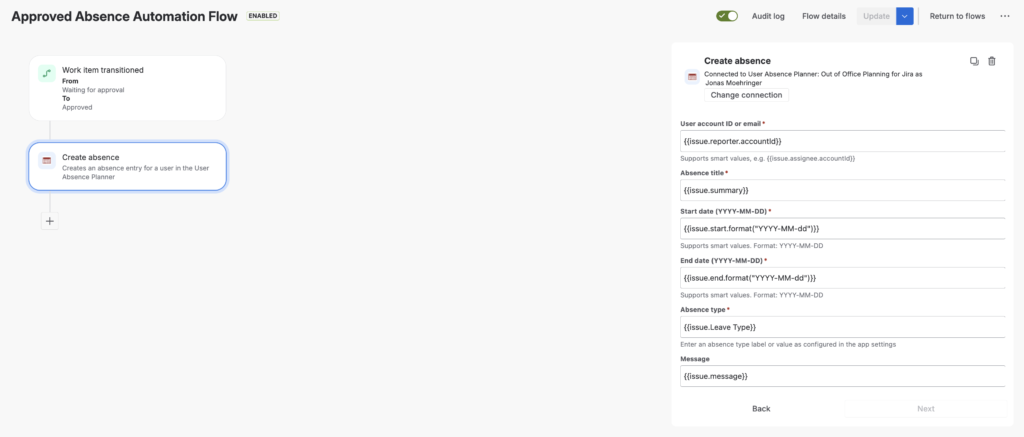 Jira Automation Rule to create the absence entry