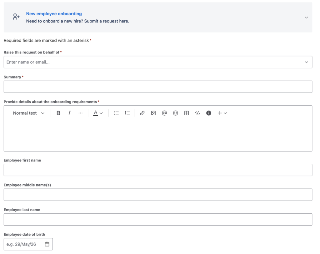 Employee onboarding request from with necessary fields for a new employee