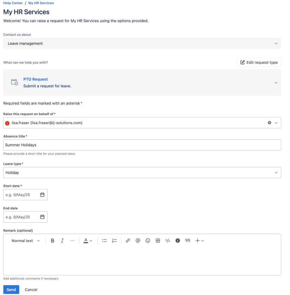 Jira Service Management form to request an absence