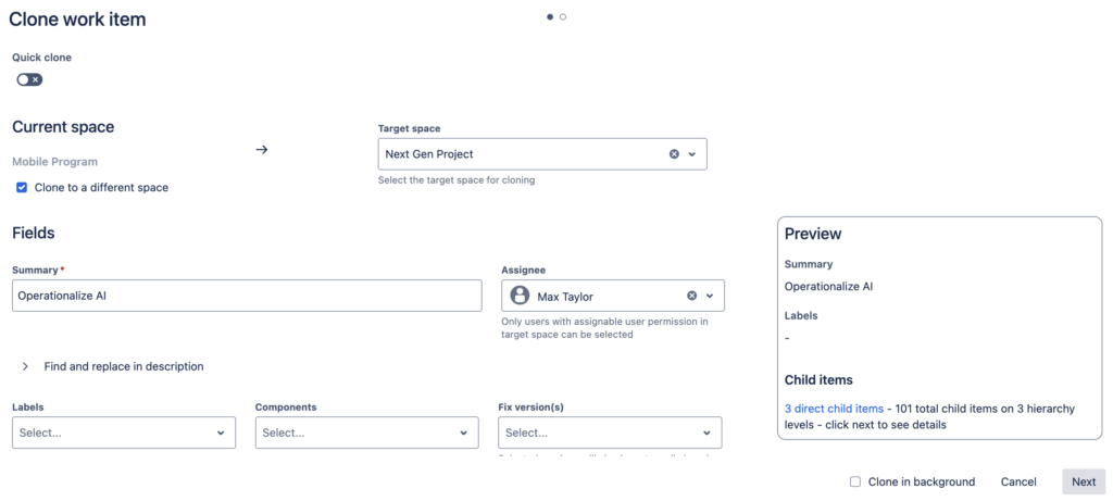 Clone setup screen to clone a hierarchy into a different project