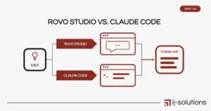 Illustration of two paths to building an Atlassian Forge app: a no-code browser chat and a code terminal, both leading to the same Jira app.